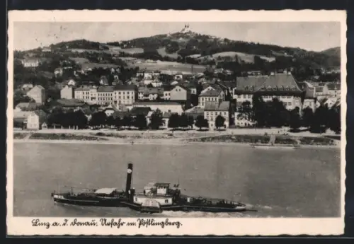 AK Linz a. d. Donau, Uferpartie mit Pöstlingberg