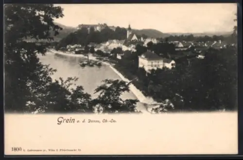 AK Grein a. d. Donau, Panorama mit Donauufer und Kirche