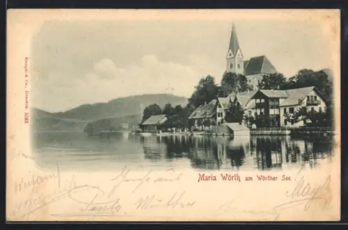 AK Maria Wörth am Wörther See, Kirche und Uferpartie mit Bootshäusern