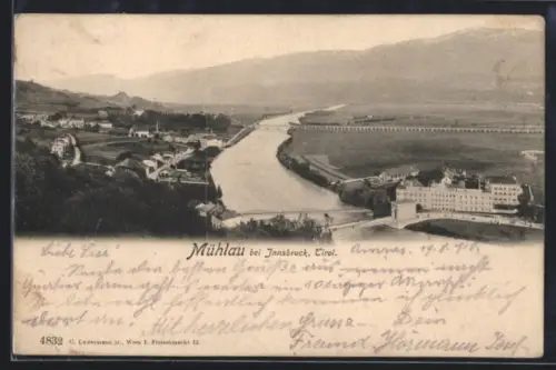AK Mühlau bei Innsbruck, Panorama mit Fluss und Brücke