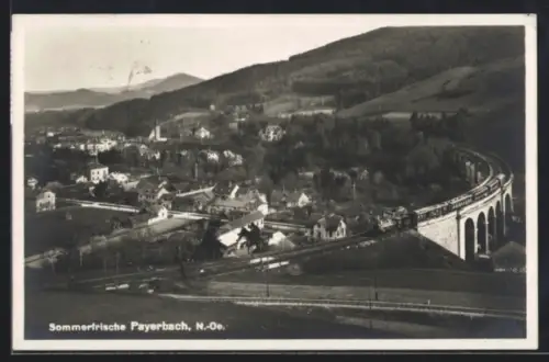 AK Payerbach /N.-Oe., Ortsansicht aus der Vogelschau, Eisenbahnviadukt