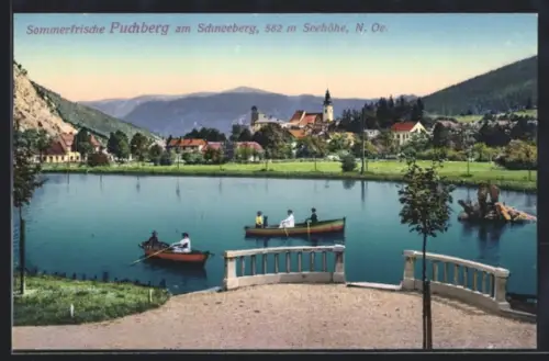 AK Puchberg am Schneeberg, Ortsansicht mit See, Ruderbooten und Kirche
