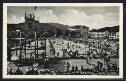 AK Baden b. Wien, Strandbad mit Sprungturm und Promenade