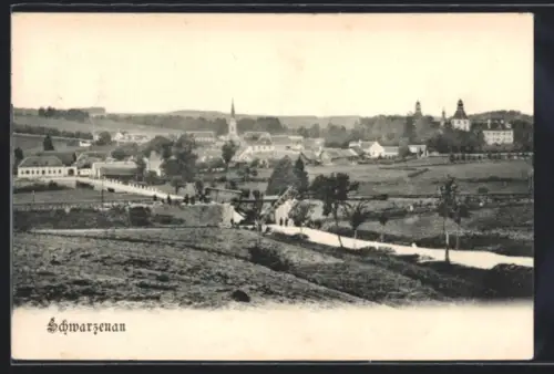 AK Schwarzenau, Panorama mit Dorf, Landstrasse und Kirche