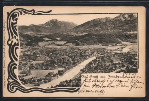 AK Innsbruck, Panorama mit Inn und Bergkulisse