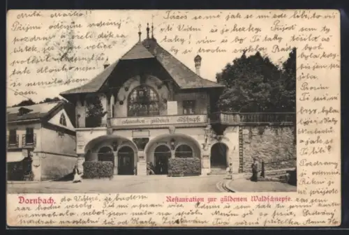 AK Dornbach, Restaurant Zur Güldenen Waldschnepe mit Balkon und Arkadenfassade