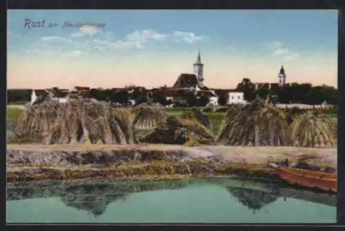 AK Rust am Neusiedlersee, Panorama mit Seeufer, Heuschobern und Kirchtürmen