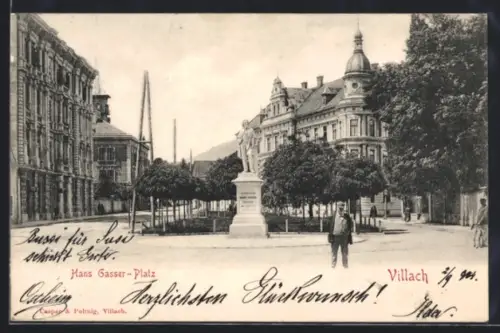 AK Villach, Hans Gasser-Platz mit Denkmal
