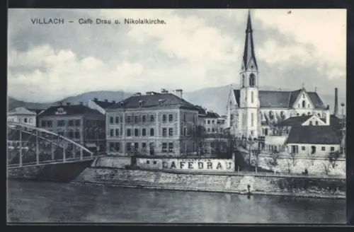 AK Villach, Café Drau und Nikolaikirche