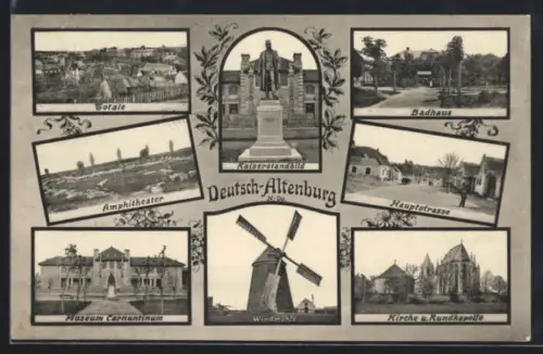 AK Deutsch-Altenburg, Museum Carnuntinum, Kirche und Rundkapelle, Windmühle