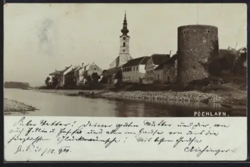 AK Pöchlarn, Uferpartie mit Kirche