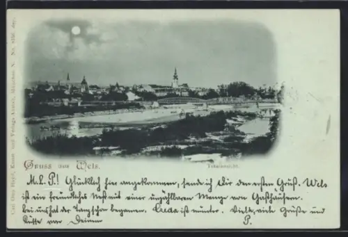 Mondschein-AK Wels, Teilansicht mit Brücke