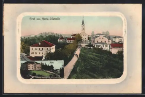 AK Maria Schmolln, Asyl, Teilansicht mit Kirche