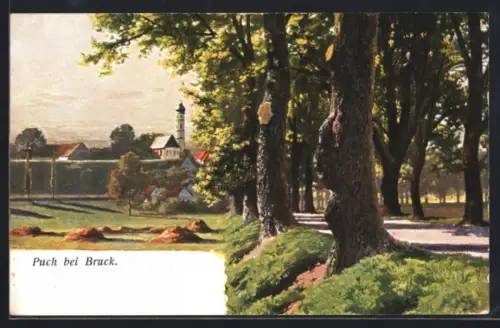 Künstler-AK Puch, Ortspartie mit Bäumen