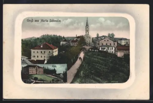 AK Maria Schmolln, Teilansicht mit Kirche, Ansicht vom Asyl