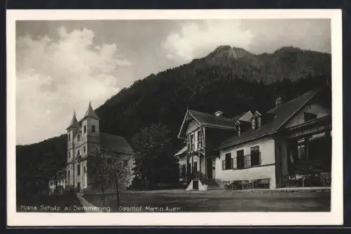 AK Maria Schutz am Semmering, Gasthof Martin Auer mit Kirche