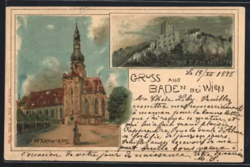 Lithographie Baden, Pfarrkirche und Ruine Rauenstein