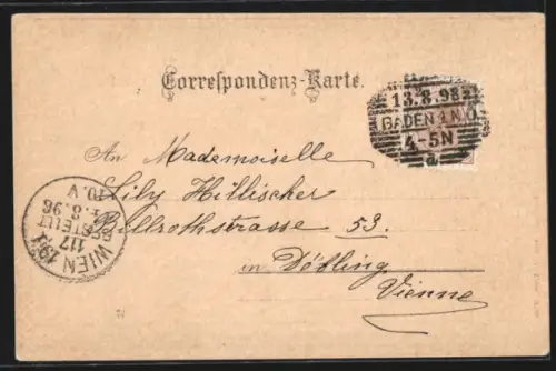 Lithographie Baden, Pfarrkirche und Ruine Rauenstein