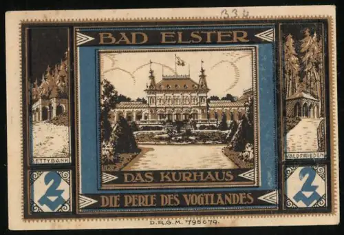 Notgeld Bad Elster, 2 Mark, Kurhaus und Vogtland-Perle, Wasserspiele und Vogelmotiv