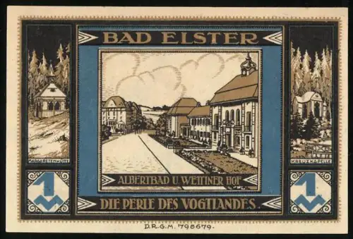 Notgeld Bad Elster, 1 Mark, Albertbad u. Wettiner Hof, Vogtlandlandschaft und Vogelmotiv