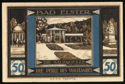 Notgeld Bad Elster, 50 Pfennig, Salzquelle und Vogel auf Brunnen, Floratempel und Hygieagruppe