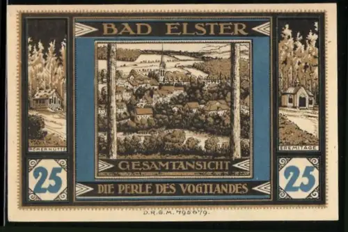 Notgeld Bad Elster, 25 Pfennig, Gesamtansicht des Ortes und Brunnen mit Vogel-Motiv