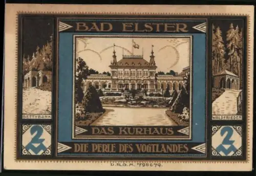 Notgeld Bad Elster, 2 Mark, Kurhaus und Vogelmotiv mit zwei Brunnen