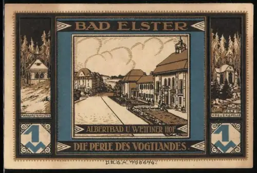 Notgeld Bad Elster, 1 Mark, Albertbad und Wettiner Hof, Perle des Vogtlandes, Vogel und Brunnen