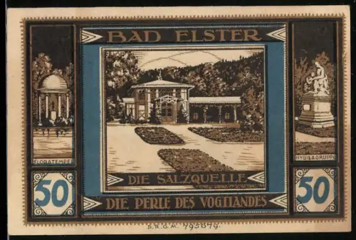 Notgeld Bad Elster, 50 Pfennig, Ansicht der Salzquelle, Floratempel, Brunnen und Vogelmotiv