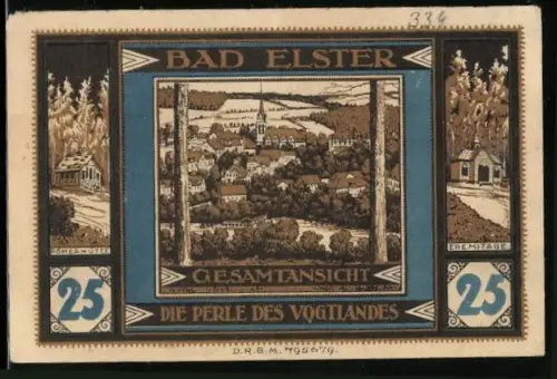 Notgeld Bad Elster, 25 Pfennig, Gesamtansicht vom Ort, Eremitage, Vogeldarstellung mit Brunnenmotiven