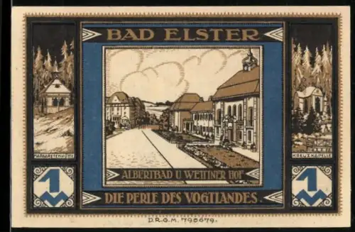 Notgeld Bad Elster, 1 Mark, Albertbad, Wettiner Hof, Margaretenhütte, Kreuzkapelle, Elster auf Brunnenmotiv