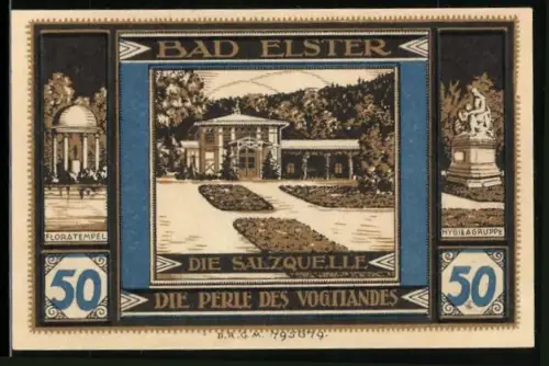 Notgeld Bad Elster, 50 Pfennig, Salzquelle und Floratempel, Elster am Vogelbad