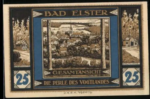 Notgeld Bad Elster, 25 Pfennig, Gesamtansicht und Elster auf Brunnen, Eremitage