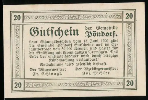 Notgeld Pöndorf 1920, 20, ländliche Szene mit Tieren und Ortsansicht