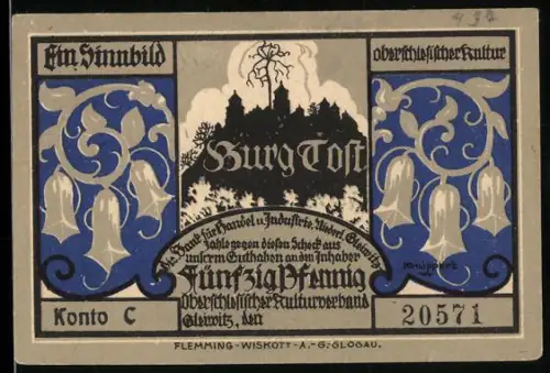 Notgeld Gleiwitz, 50 Pfennig, Ansicht der Burg Tost und dekorative Verzierungen mit Ritter und Tänzerin