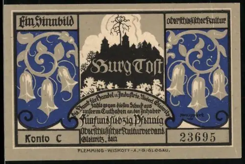 Notgeld Gleiwitz, 75 Pfennig, Burg Tost und historische Gebäude mit Figuren und Glockenblumen