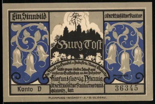 Notgeld Gleiwitz, 75 Pfennig, Burg Tost mit Glockenblumen und Stadtszene mit Figuren