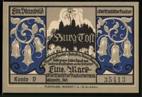 Notgeld Gleiwitz, 1 Mark, Burg Tost und dekorative Blumenmotive