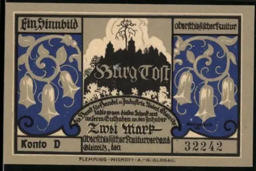 Notgeld Gleiwitz, 2 Mark, Burg Tost, Eichendorffs Vaterhaus, florale Ornamente