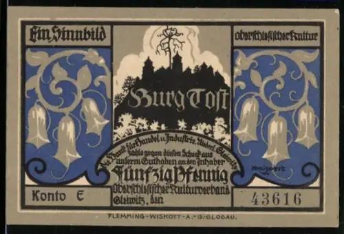 Notgeld Gleiwitz, 50 Pfennig, Burg und Stadt Tost, Burgansicht und Glockenblumenmuster