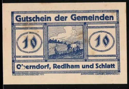 Notgeld Oberndorf /Vöcklabruck 1920, 10 Heller, ländliches Pflugszene-Motiv