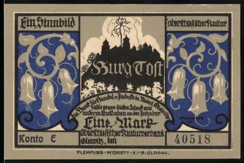 Notgeld Gleiwitz, 1 Mark, Burg Toft mit Glockenblumen und Torbogen mit Figuren und Kutsche