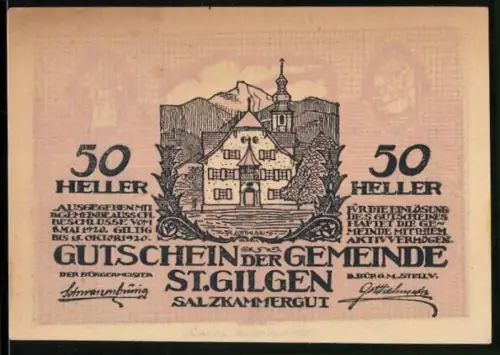 Notgeld St. Gilgen /Salzkammergut 1920, 50 Heller, Rathaus und Landschaftspanorama mit Wolfgangsee