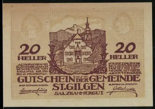 Notgeld St. Gilgen /Salzkammergut 1920, 20 Heller, Rathaus und Berglandschaft