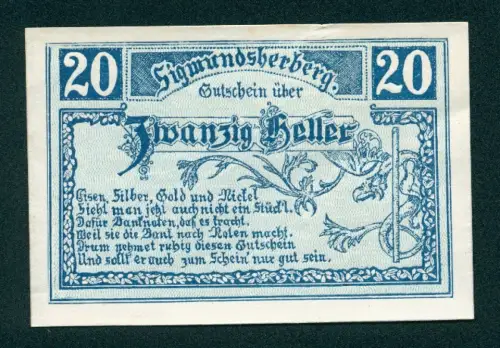 Notgeld Sigmundsherberg 1920, 20 Heller, dekorativer Text und florales Muster