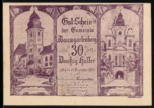 Notgeld Baumgartenberg 1920, 30 Heller, Gebäudeansichten und dekorativer Schriftzug