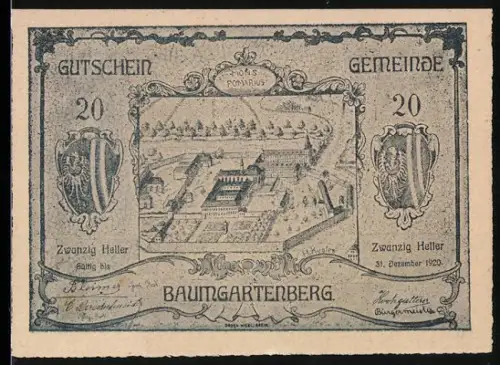 Notgeld Baumgartenberg 1920, 20 Heller, Kloster mit Wappen und Parkansicht