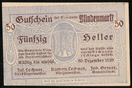 Notgeld Blindenmarkt 1920, 50 Heller, Ornamentale Musterung und Textmotiv