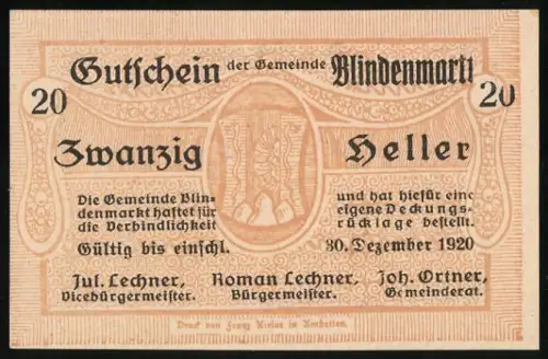 Notgeld Blindenmarkt 1920, 20 Heller, Text mit Ornamenten und zentralem Wappenmotiv