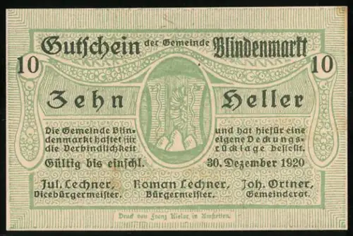 Notgeld Blindenmarkt 1920, 10 Heller, stilisierte Muster und Textornamente